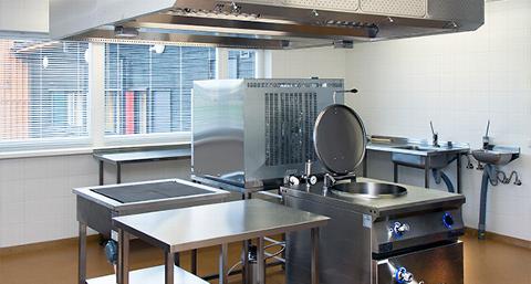 modern commercial kitchen with stainless steel equipment two workstations and efficient layout